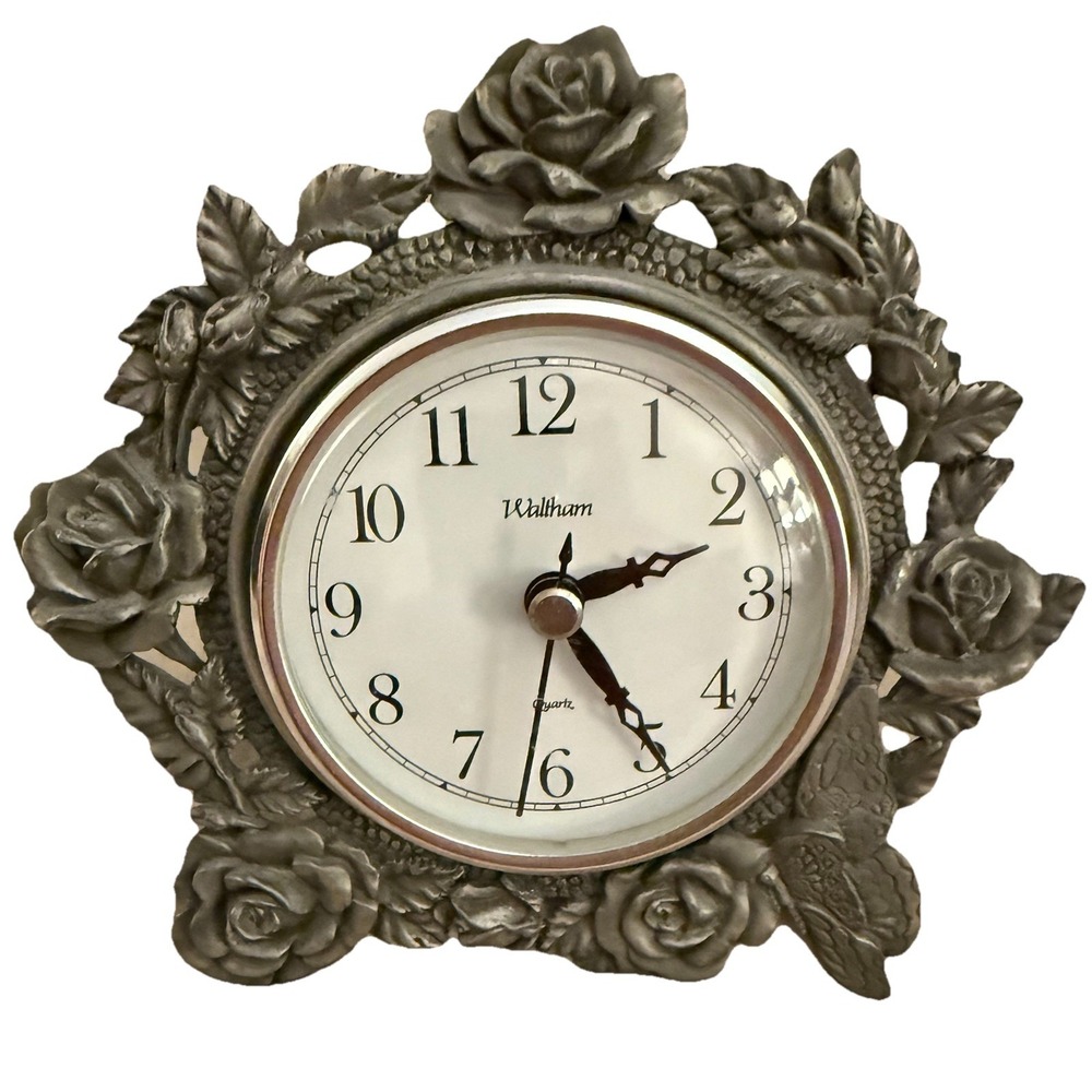 Waltham Desk Clock Floral Cottage‎ Roses Butterflies